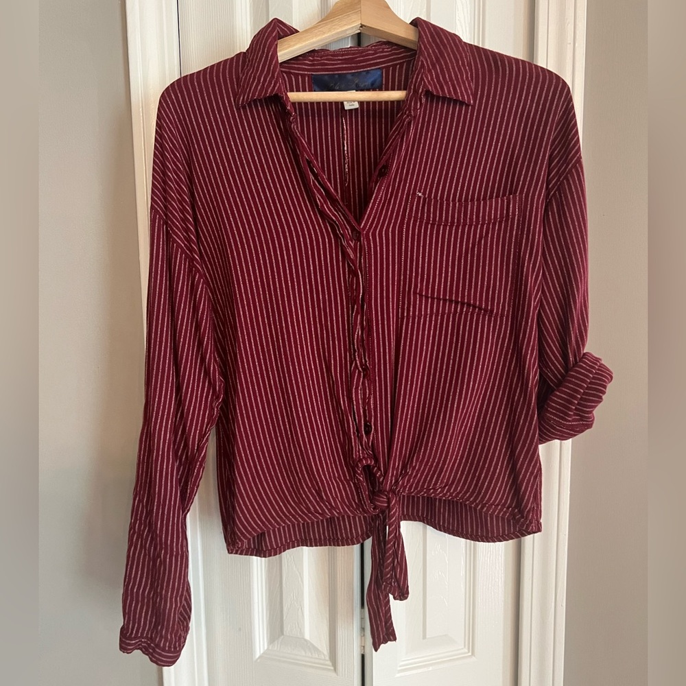 White and Red Striped Button Down with Tie in Front Long Sleeved Shirt